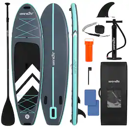 SereneLife - SLSUPB010’ Inflatable SUP Board with Premium Accessories, 32” Wide Stable Non-Slip EVA Deck, 350 lb Capacity - Gray