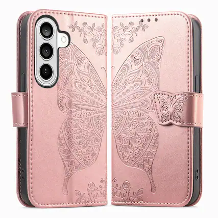 Front. Dteck - Wallet Case for Samsung Galaxy A57, Embossed Butterfly Pattern Leather Card Slots Flip Stand Cover+Strap - Rosegold.