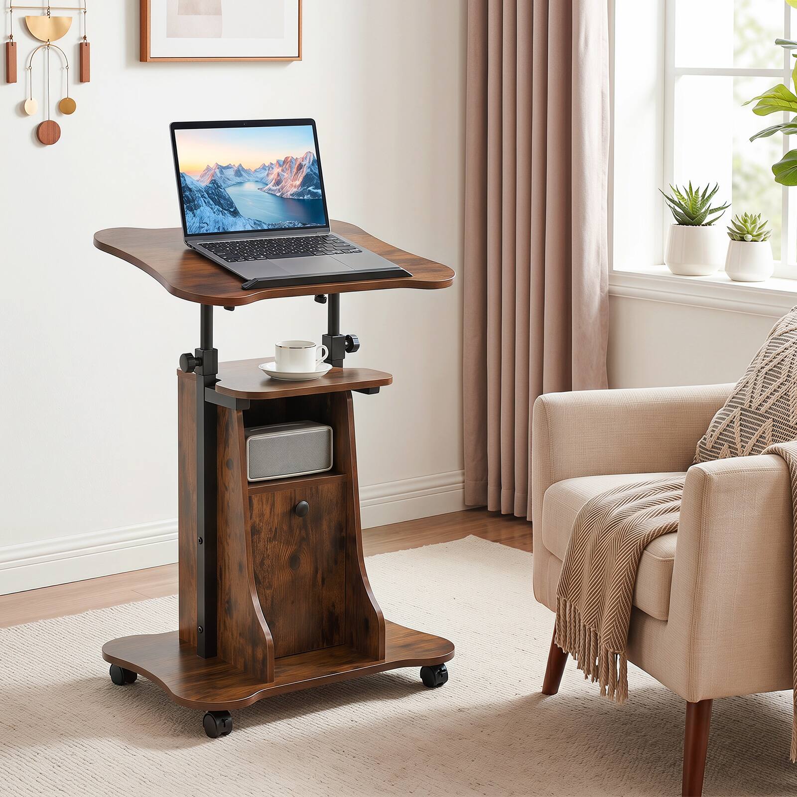 Alt View 4. Costway - Costway Mobile Podium Stand, Height Adjustable Laptop Cart with Tilting Top Storage Cabinet - Rustic Brown + Black.