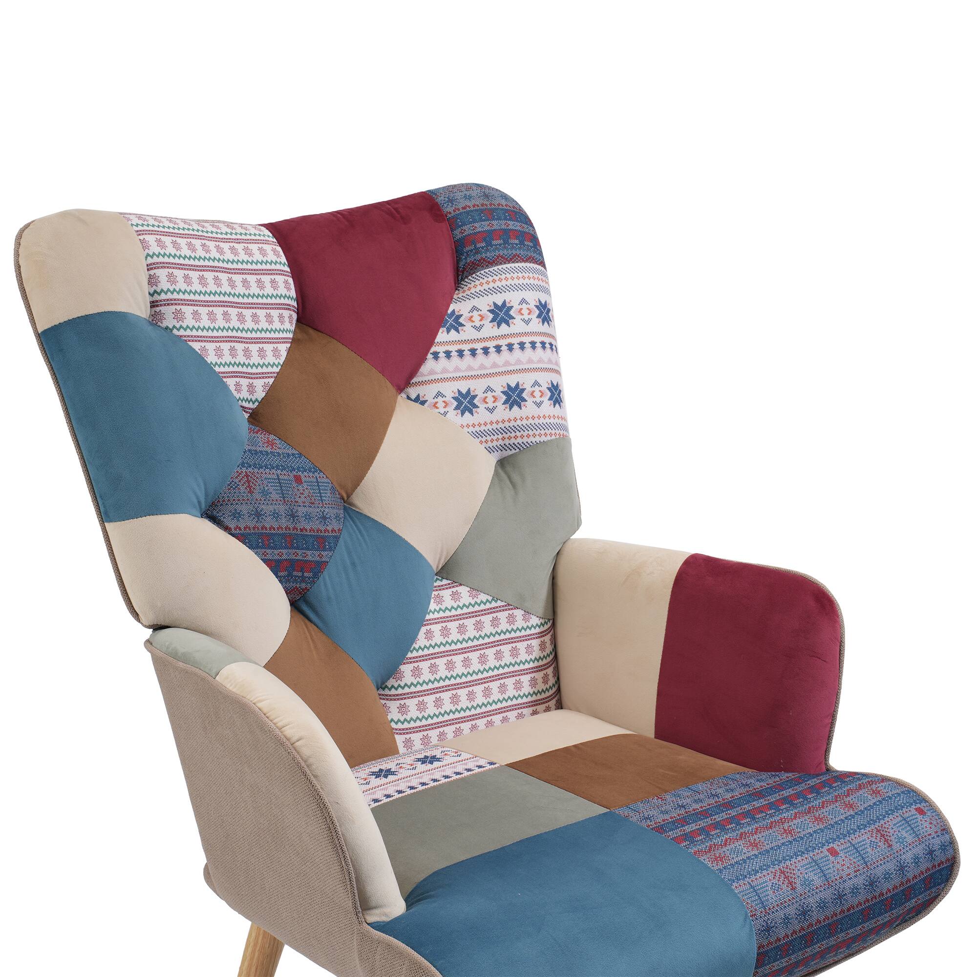Alt View 1. FERPIT - FERPIT Patchwork Upholstered Wingback Accent Chair with Rubberwood Legs, Striped Navy Patchwork - Striped Navy Patchwork.