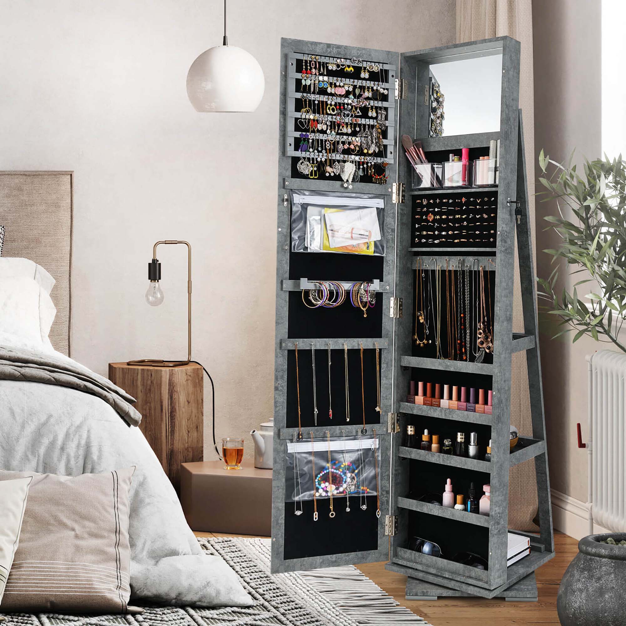 Alt View 3. Costway - Costway 360° Rotatable Jewelry Cabinet Armoire 2-in-1 Lockable Mirrored - Dark Gray.