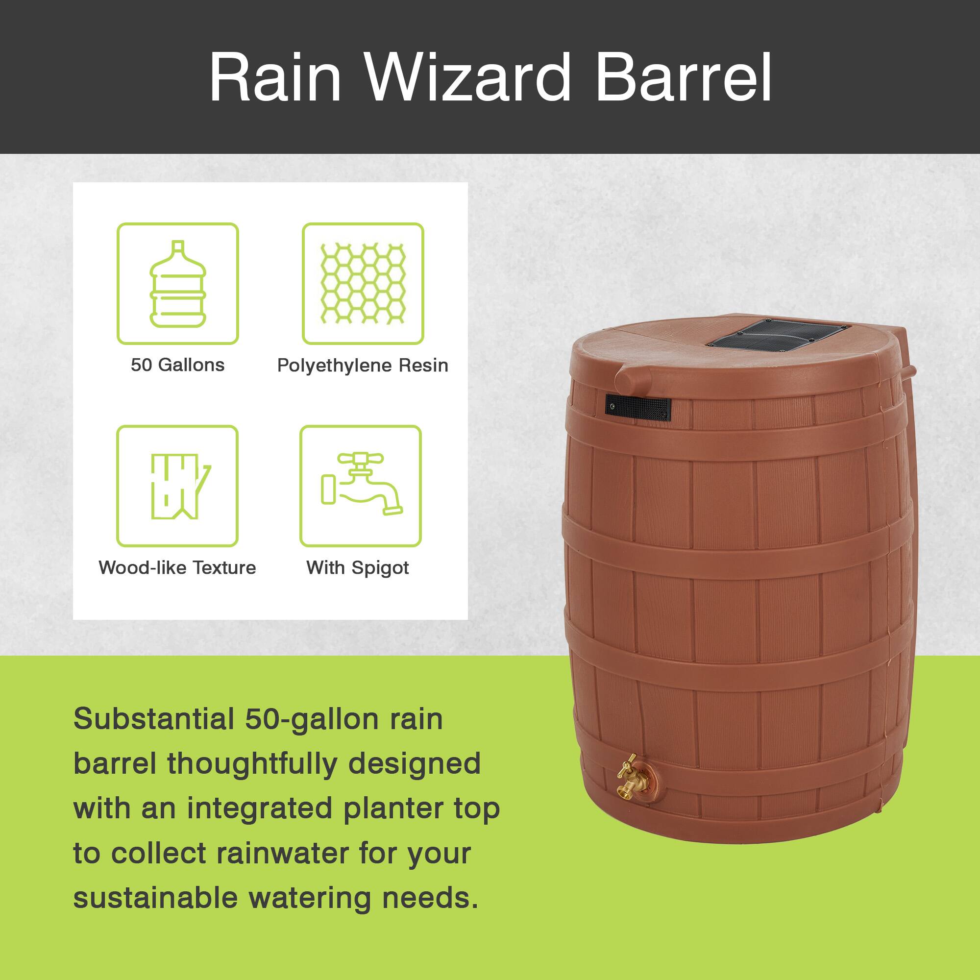 Rain Wizard Barrel 50 Gallons Polyethylene Resin Wood-like Texture With Spigot

Substantial 50-gallon rain barrel thoughtfully designed with an integrated planter top to collect rainwater for your sustainable watering needs.