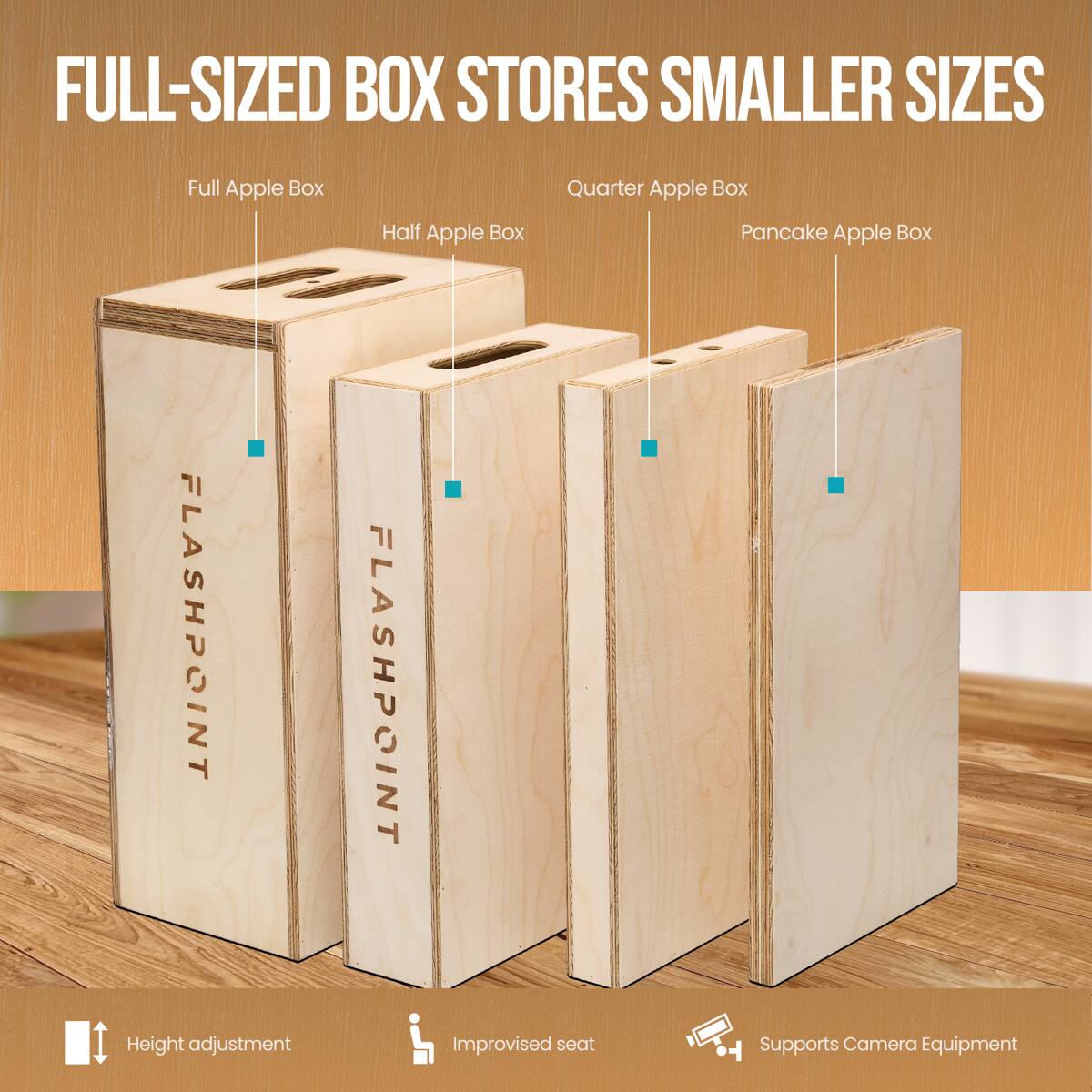 FULL-SIZED BOX STORES SMALLER SIZES

Full Apple Box
Half Apple Box
Quarter Apple Box
Pancake Apple Box

FLASHPOINT

Height adjustment
Improvised seat
Supports Camera Equipment