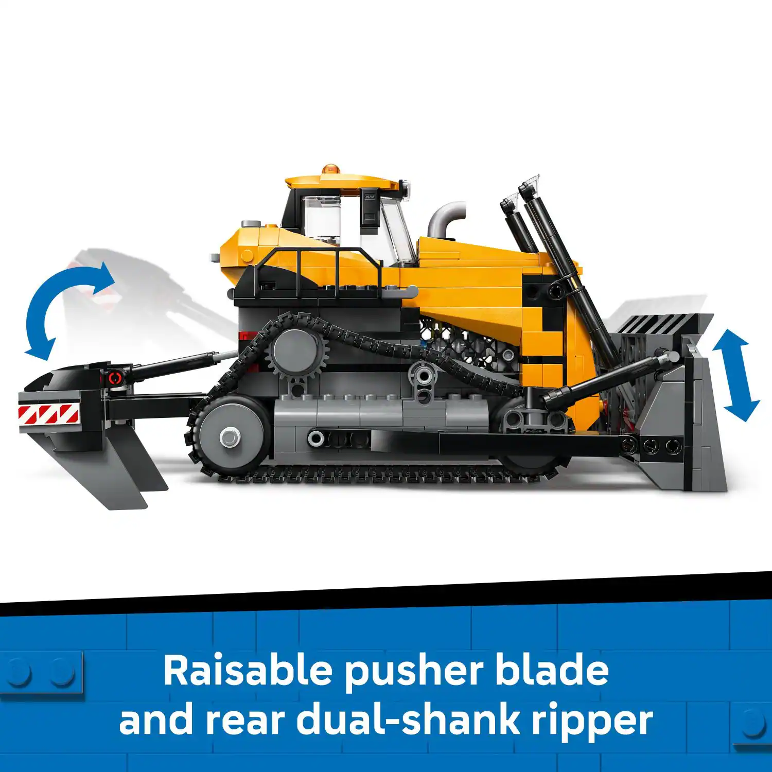 Raiseable pusher blade and rear dual-shank ripper