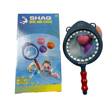 Sure, here is the corrected and grouped text from the image:
---
**SHAQ**
DIVE AND CATCH
**INCLUDES:**
3 X UNDER WATER BALLS
(2 INCHES / 5 CM)
1 X SCOOPING NET
(11 IN X 5.7 IN / 28 CM X 14.5 CM)
**SHAQUILLE O'NEAL**
---
**Features:**
- 2017-18 NBA SLAM DUNK CHAMPION
- EASY GRIPPING HANDLE
- DURABLE UNDERWATER BALLS
---
**FOR**
**WATER PLAYING**
---