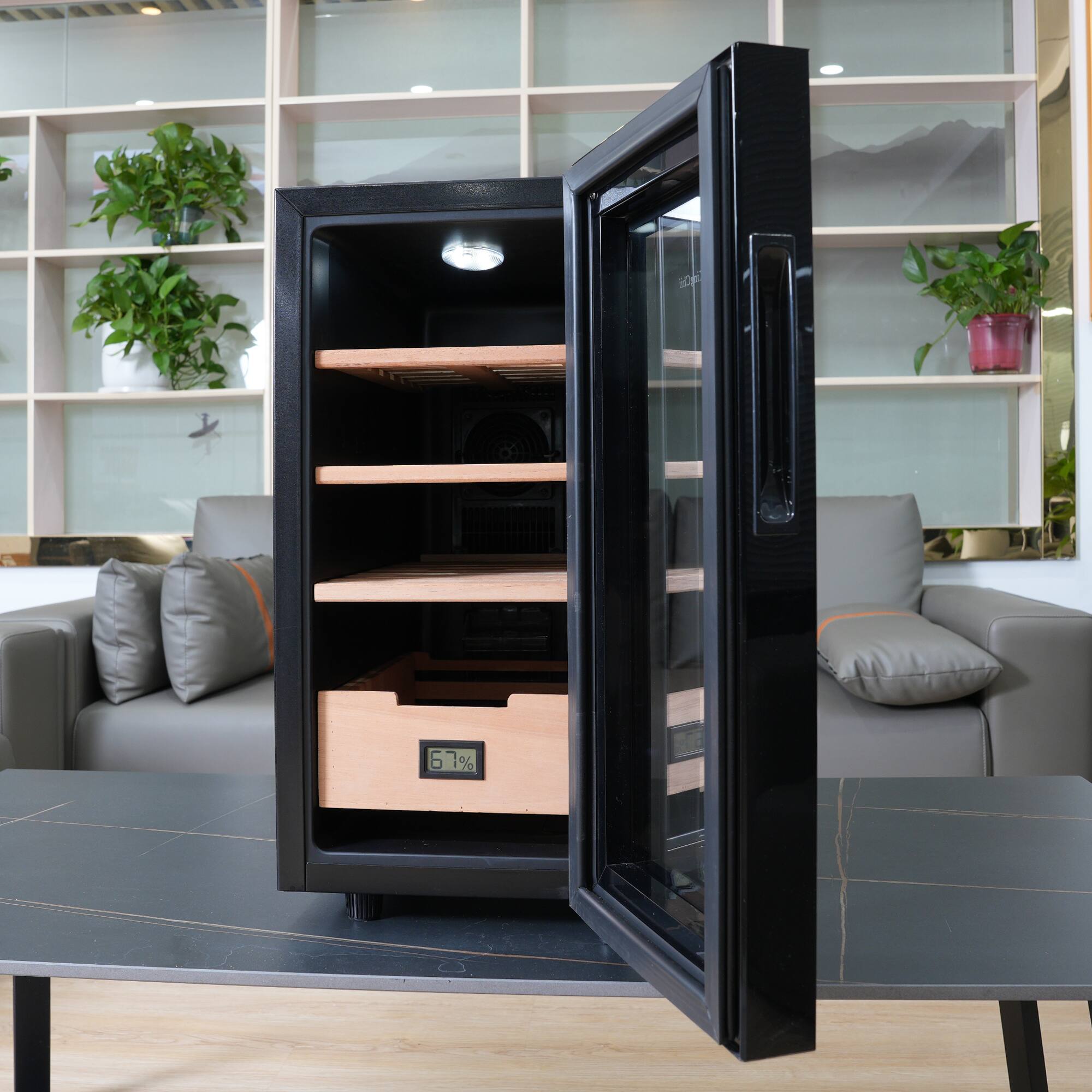 Alt View 3. KingChii - 26L Thermoelectric Cigar Humidor with Temperature Control, Spanish Cedar Shelves and Hygrometer(200 Capacity) - Black.