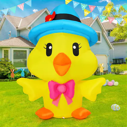 Front. GOOSH Inflatables - GOOSH 5.2 FT Easter Inflatables Chicken with The Blue Hat with LED Lights - Yellow.