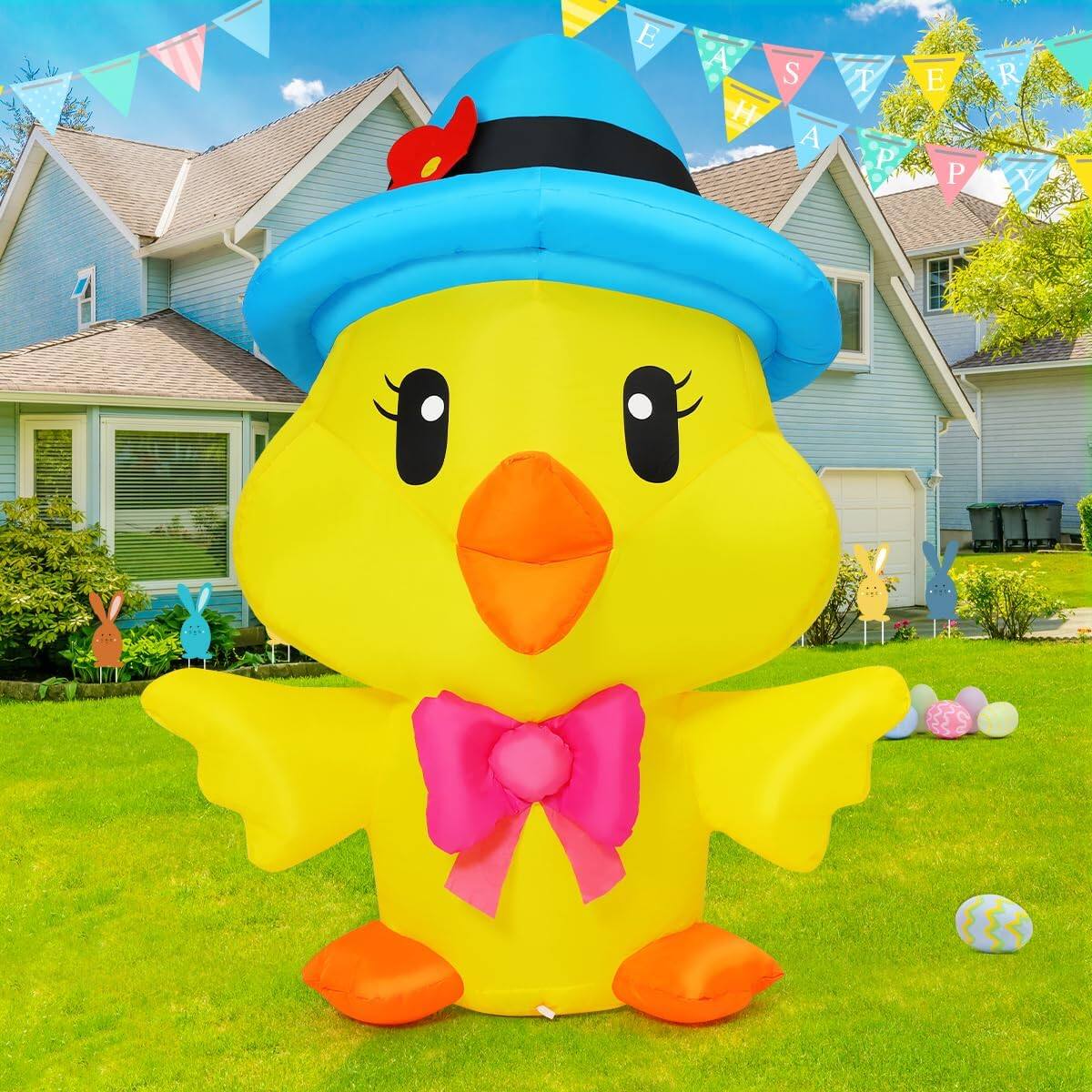 Front. GOOSH Inflatables - GOOSH 5.2 FT Easter Inflatables Chicken  with The Blue Hat with LED Lights - Yellow.
