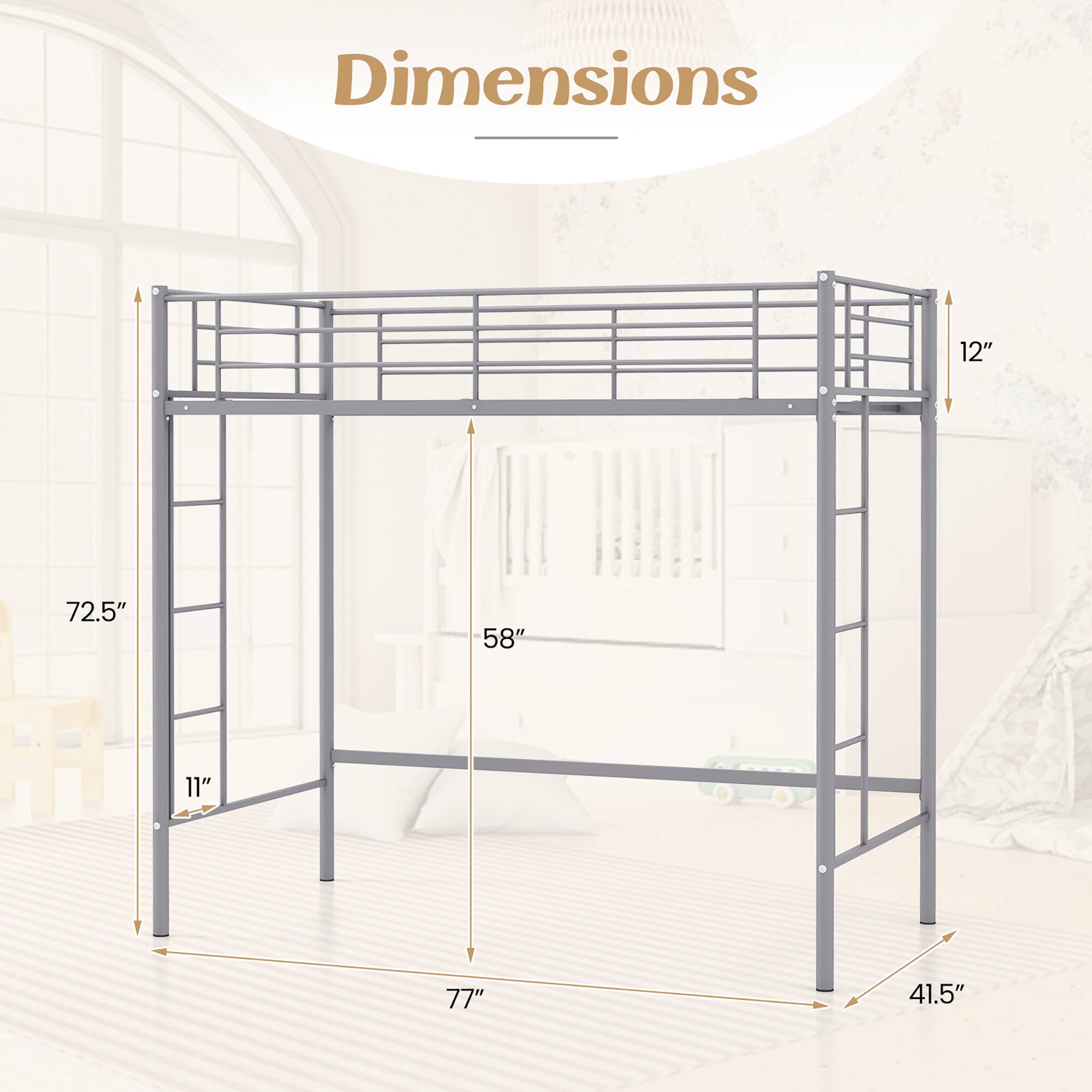 Dimensions  
12"  
72.5"  
58"  
11"  
77"  
41.5"