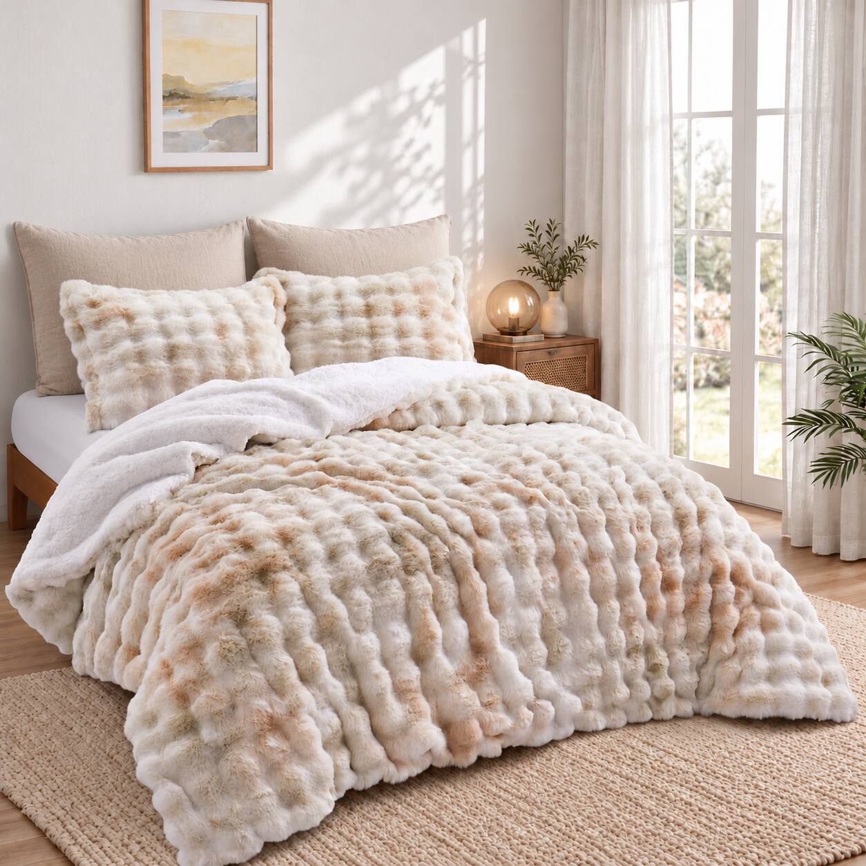 Left. Peace Nest - Peace Nest Ultra-Soft Faux Fur Comforter Set with Plush Tie-Dye & Reversible Sherpa, Beige, Queen - Beige.