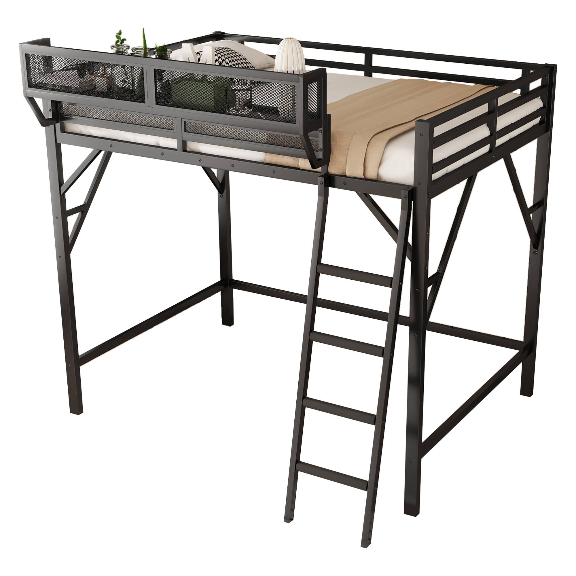 Alt View 5. GOODSILO - Queen Size Metal Loft Bed with Storage Shelves and Ladder for Kids and Teens - Black.