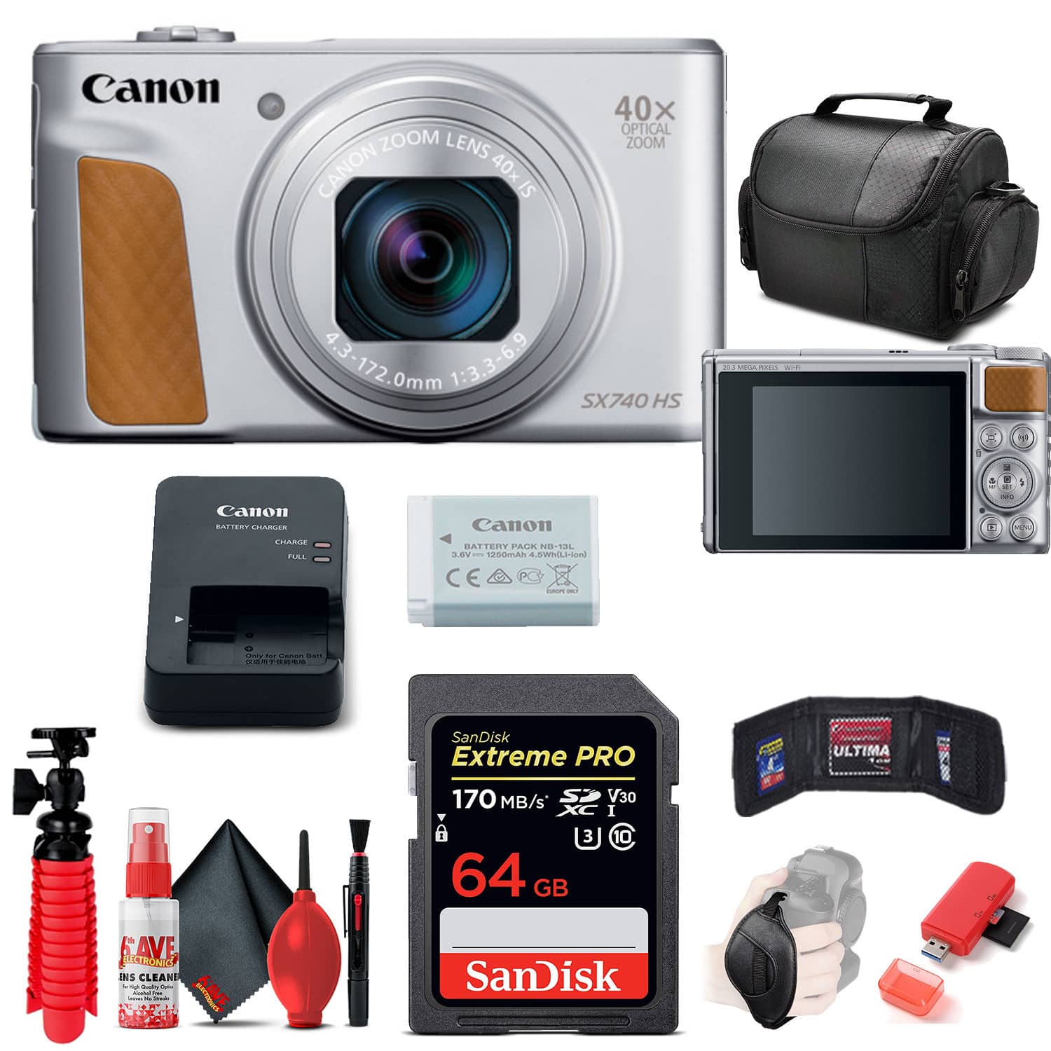 Canon - PowerShot SX740 HS Digital Camera (2956C001) + 64GB Card + More (International Version) - Silver