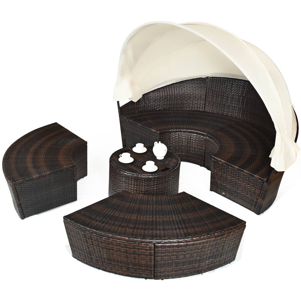 Angle. Costway - Patio Rattan Daybed Cushioned Sofa Adjustable Table Top Canopy 3 Pillows - Brown + White.