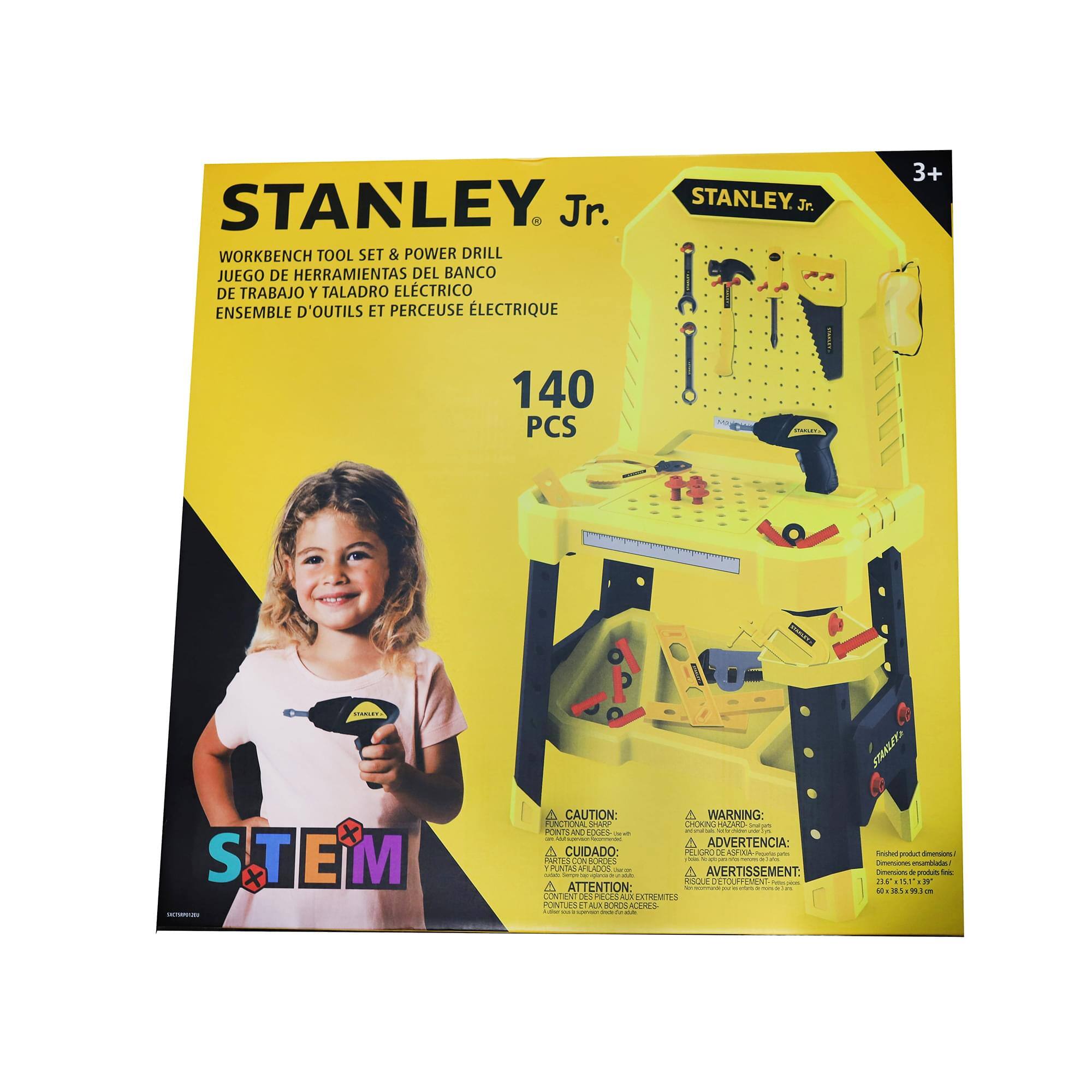 STANLEY Jr. WORKBENCH TOOL SET & POWER DRILL  
JUEGO DE HERRAMIENTAS DEL BANCO DE TRABAJO Y TALADRO ELÉCTRICO  
ENSEMBLE D'OUTILS ET PERCEUSE ÉLECTRIQUE STANLEY Jr.  

3+ 140 PCS  

CAUTION: WARNING: CHOKING HAZARD - Small parts. Not for children under 3 years.  
ADVERTENCIA: CUIDADO: PEQUEÑOS PIEZAS. NO APTO PARA NIÑOS MENORES DE 3 AÑOS.  
AVERTISSEMENT: ATTENTION: CONTIENT DES PIÈCES À MANGER. NE PAS LAISSER APPROCHER DES ENFANTS DE MOINS DE 3 ANS.