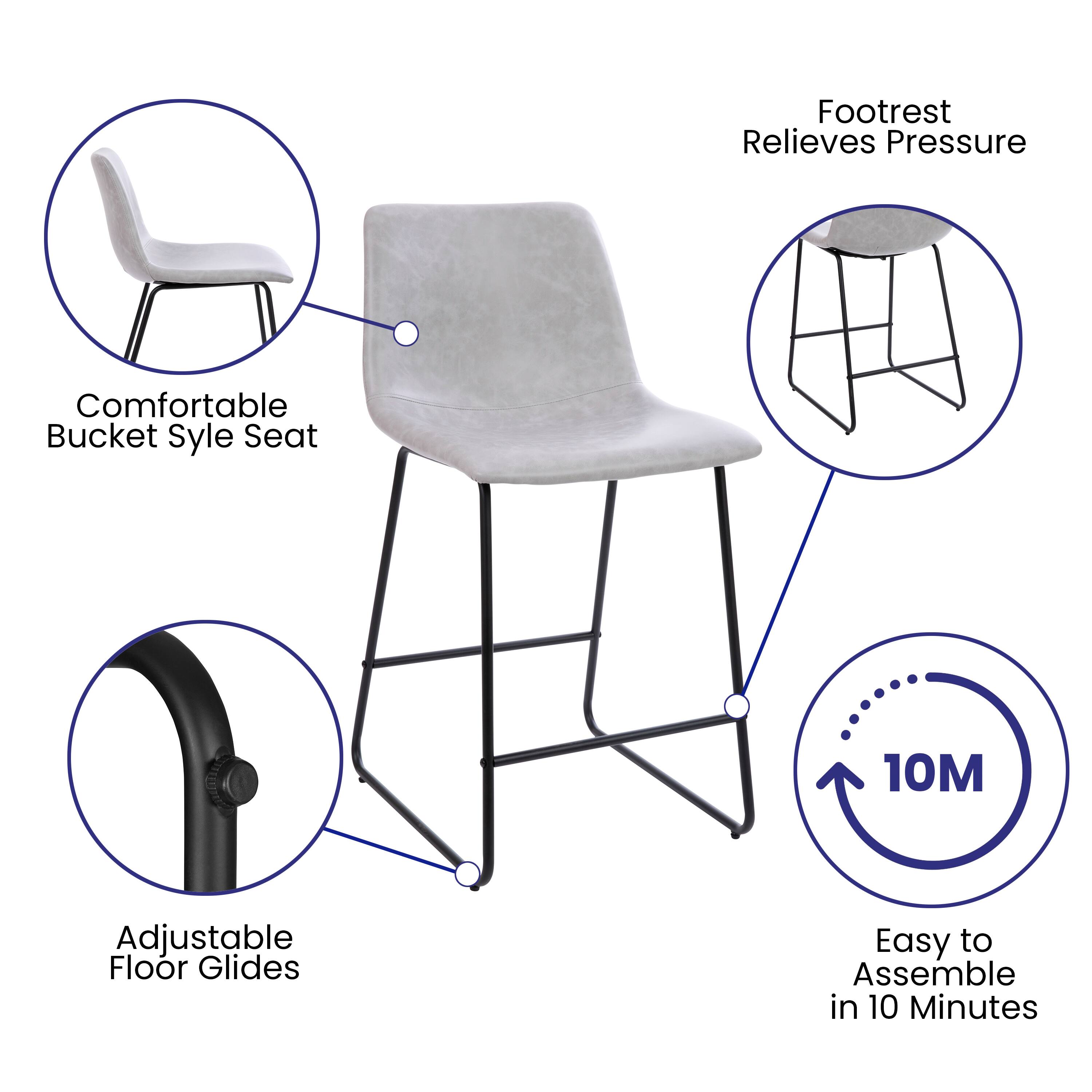 Footrest Relieves Pressure  
Comfortable Bucket Style Seat  
10M Adjustable Floor Glides  
Easy to Assemble in 10 Minutes