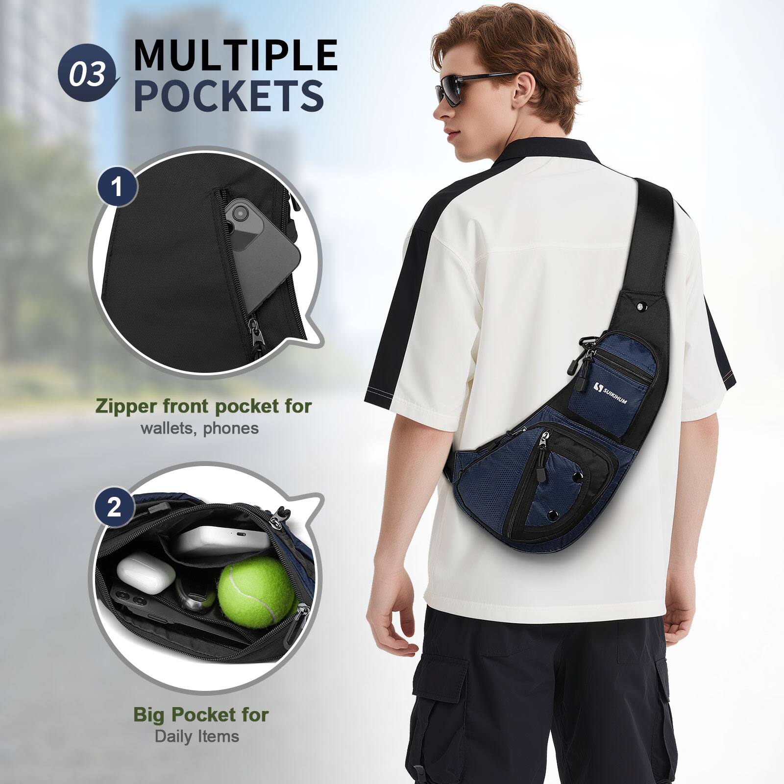 MULTIPLE POCKETS

1. Zipper front pocket for wallets, phones
2. Big Pocket for Daily Items