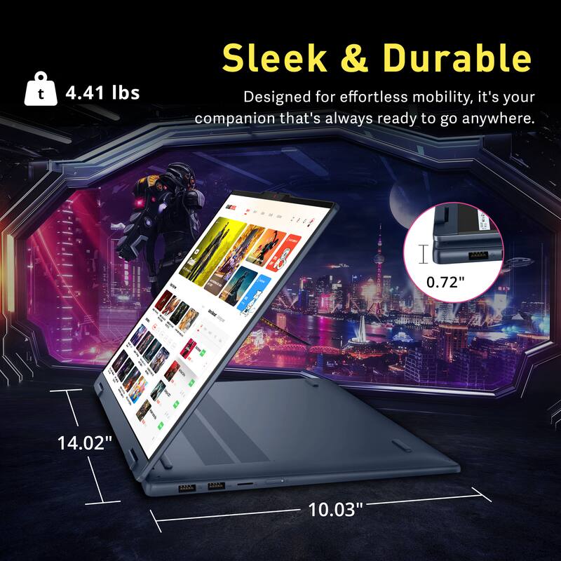 4.41 lbs Sleek & Durable  
Designed for effortless mobility, it's your companion that's always ready to go anywhere.  
C: 0.72"  
T: 14.02"  
A: 10.03"