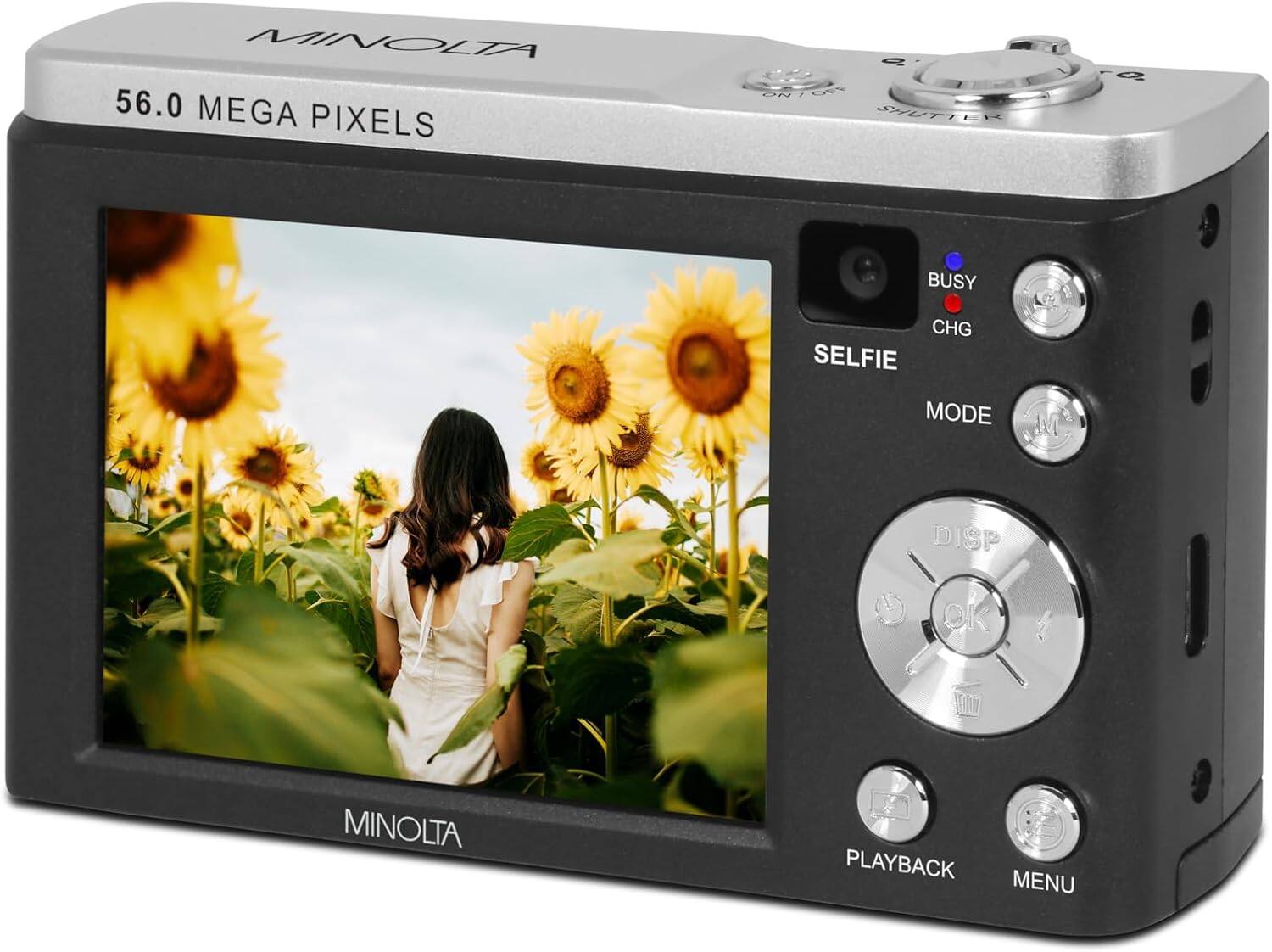 MINOLTA  
56.0 MEGA PIXELS  

SELFIE MODE  
BUSY CHG  

DISP OK  
PLAYBACK MENU  

MINOLTA