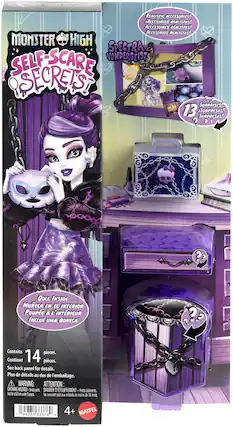 REALISTIC ACCESSORIES!
ACCESORIOS REALISTAS!
ACCESSOIRES RALISTES!
ACESSÓRIOS REALISTAS!
MONSTER HIGH
SELF-SCARE SECRETS
SPECTRA VONDERGEIST
13 SURPRISES!
13 SORPRESAS!
SURPRESAS!
DOLL INSIDE
MUECA EN EL INTERIOR
POUPEE À L'INTÉRIEUR
INCLU UMA BONECA
Contains 14 pieces.
Contient 14 pièces.
See back panel for details.
Plus de détails au dos de l'emballage.
WARNING: ATTENTION: CHOKING HAZARD - Small parts
DANGER D'ÉTOUFFEMENT - Petits éléments.
Not for children under 3 years
Ne convient pas aux enfants de moins de 36 mois.
4+
MATTEL
1 94735 33376 9