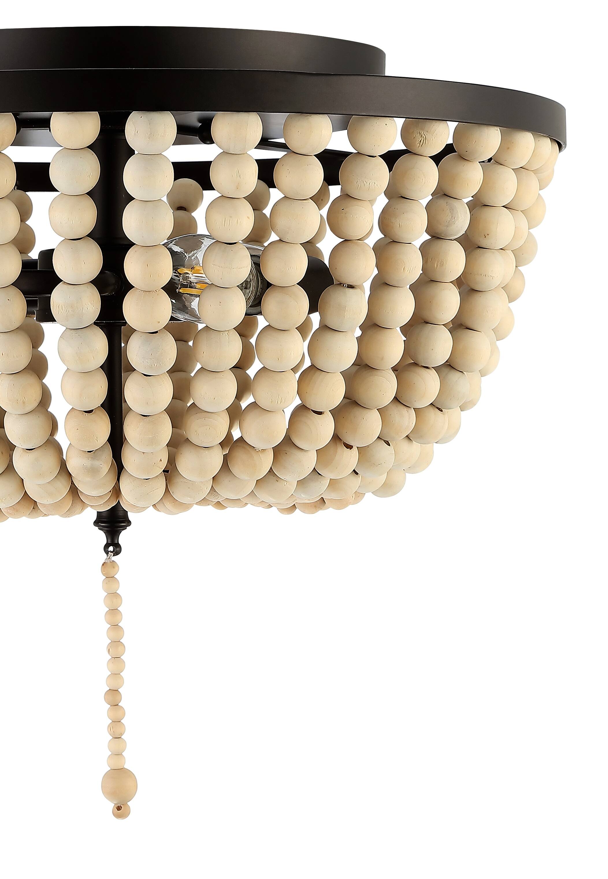 Alt View 4. Jonathan Y - Allison 15" 3-Light Shabby Chic Farmhouse Wood Beaded/Metal LED Flush Mount, Oil Rubbed Bronze/Cream - Oil Rubbed Bronze/Cream.