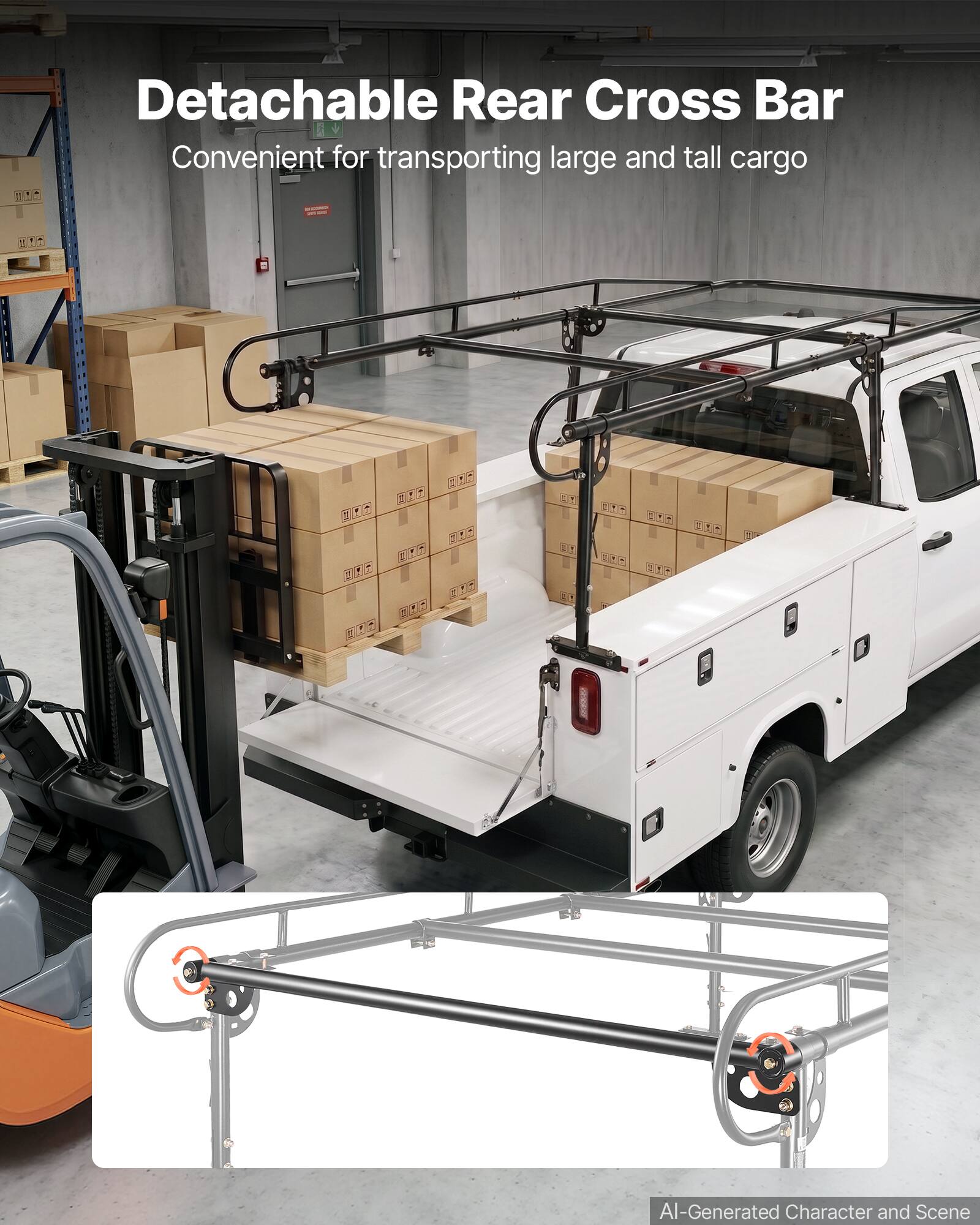 Detachable Rear Cross Bar  
Convenient for transporting large and tall cargo