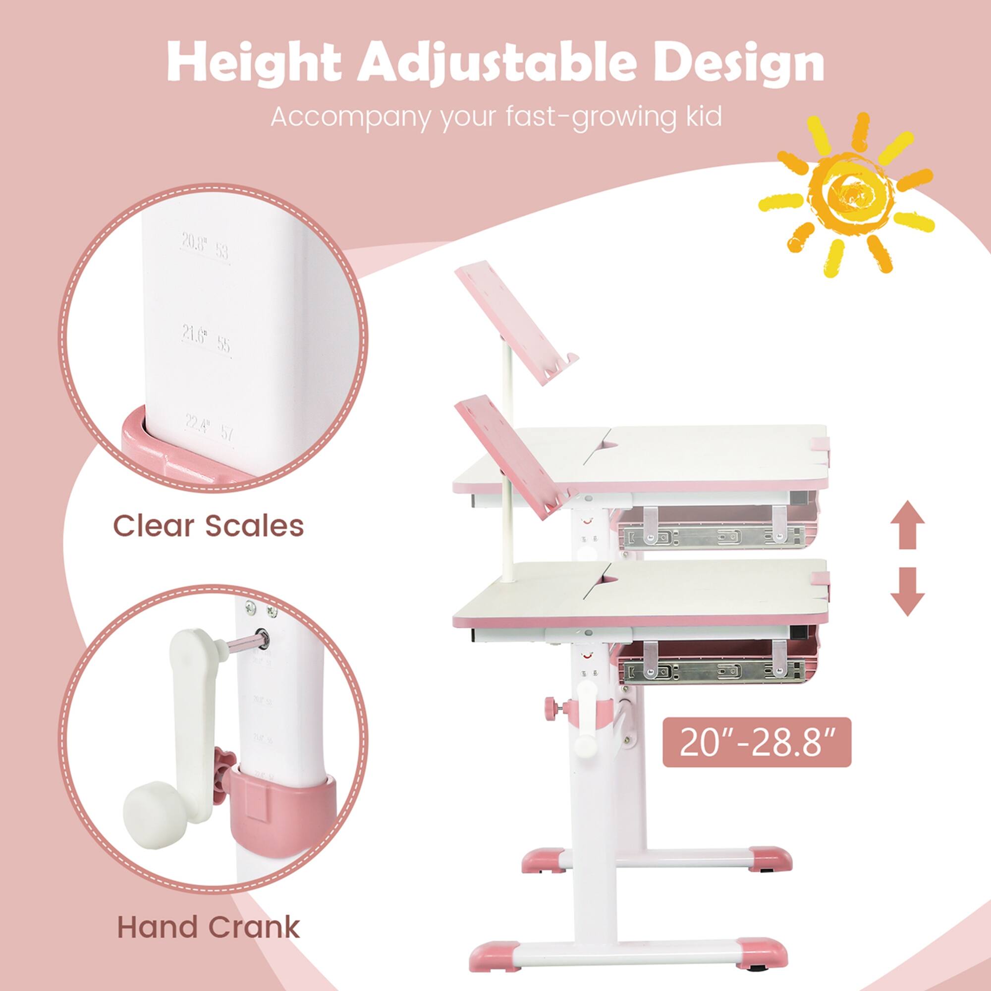 Height Adjustable Design  
Accompany your fast-growing kid  

Clear Scales  
20" - 28.8"  

Hand Crank