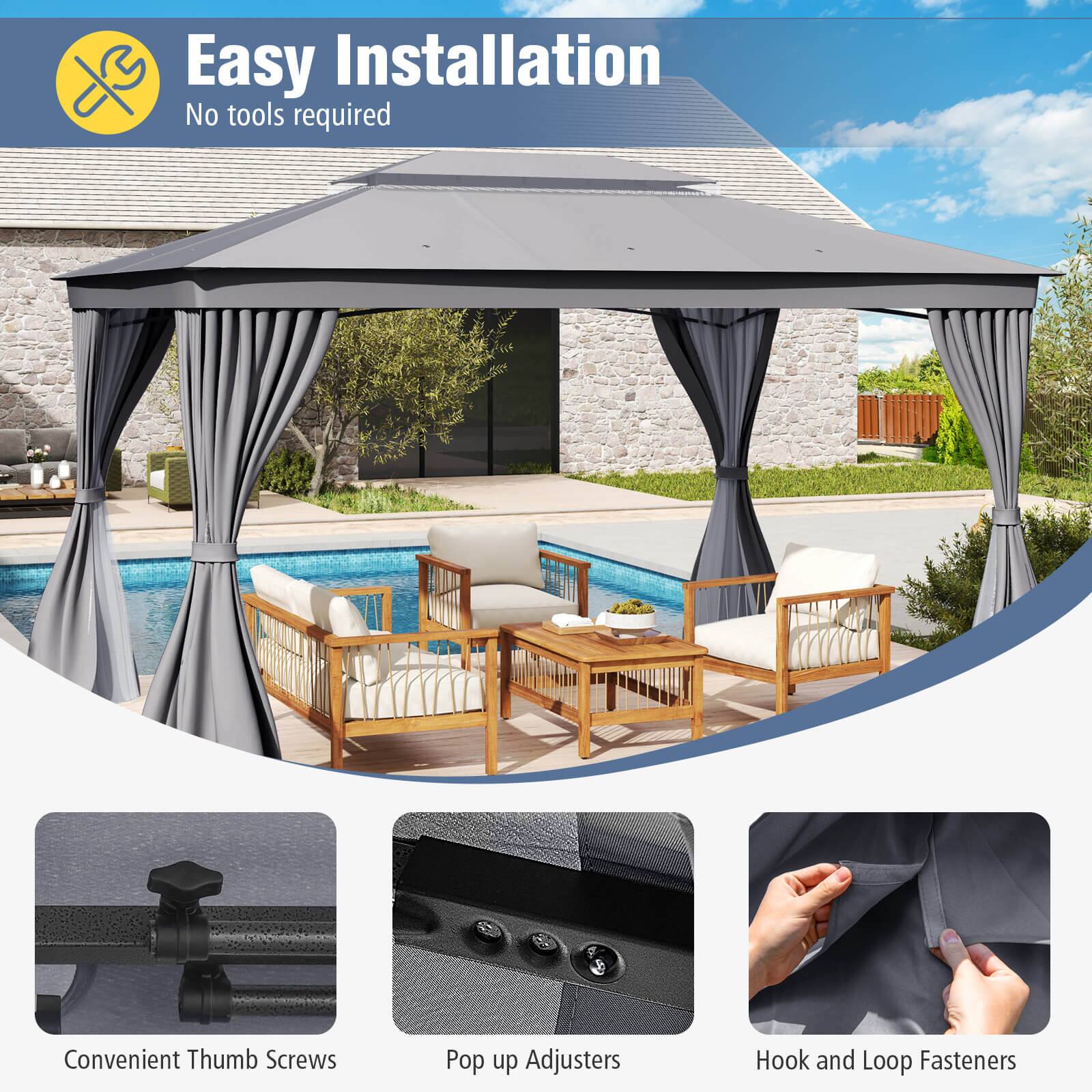 Easy Installation  
No tools required  

Convenient Thumb Screws  
Pop up Adjusters  
Hook and Loop Fasteners