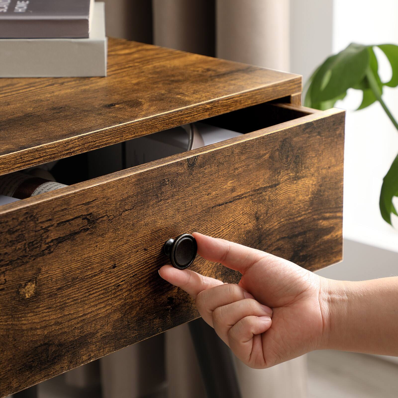 Alt View 4. Songmics Home - Nightstand, Sofa Side Table, End Table with a Drawer and Tapered Legs, Retro Style, for Bedroom - Rustic Brown.