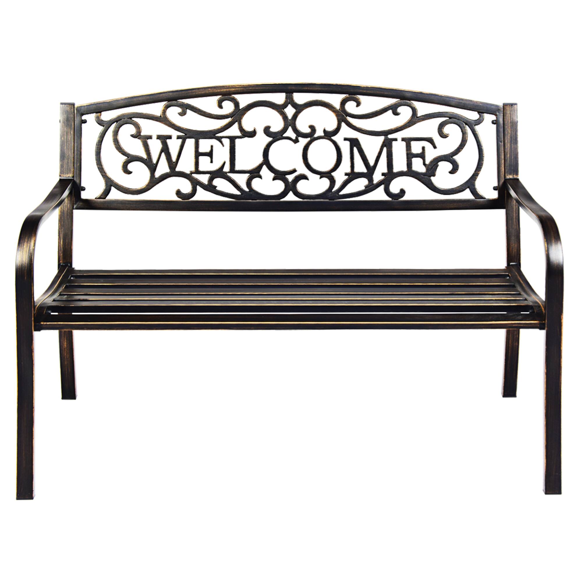 Alt View 4. Gymax - Gymax Antique Metal Garden Bench Patio Park Outdoor w/ Armrest Welcome Pattern - Bronze.