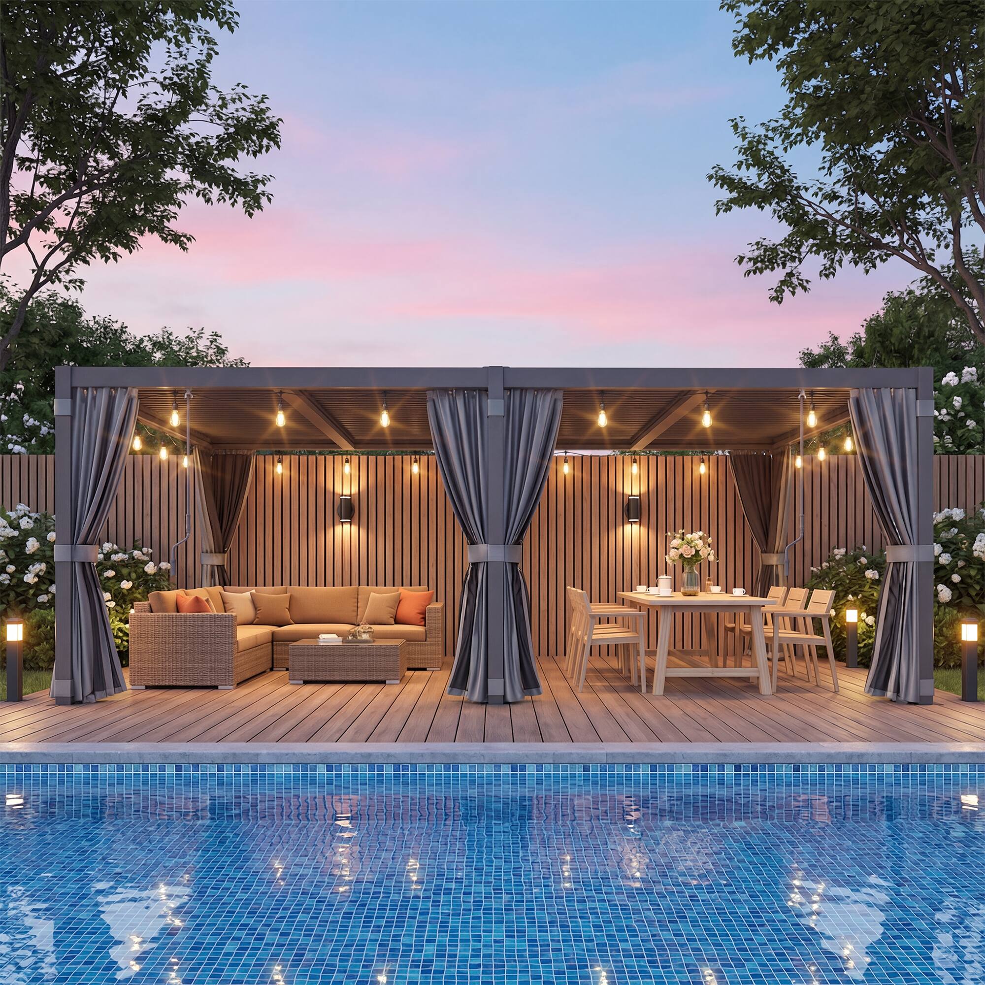 Angle. U-HOMY - 12x20 Outdoor Pergola, Louvered Pergola with Adjustable Aluminum Rainproof Roof for Patio, Backyard, Pool party - Black.