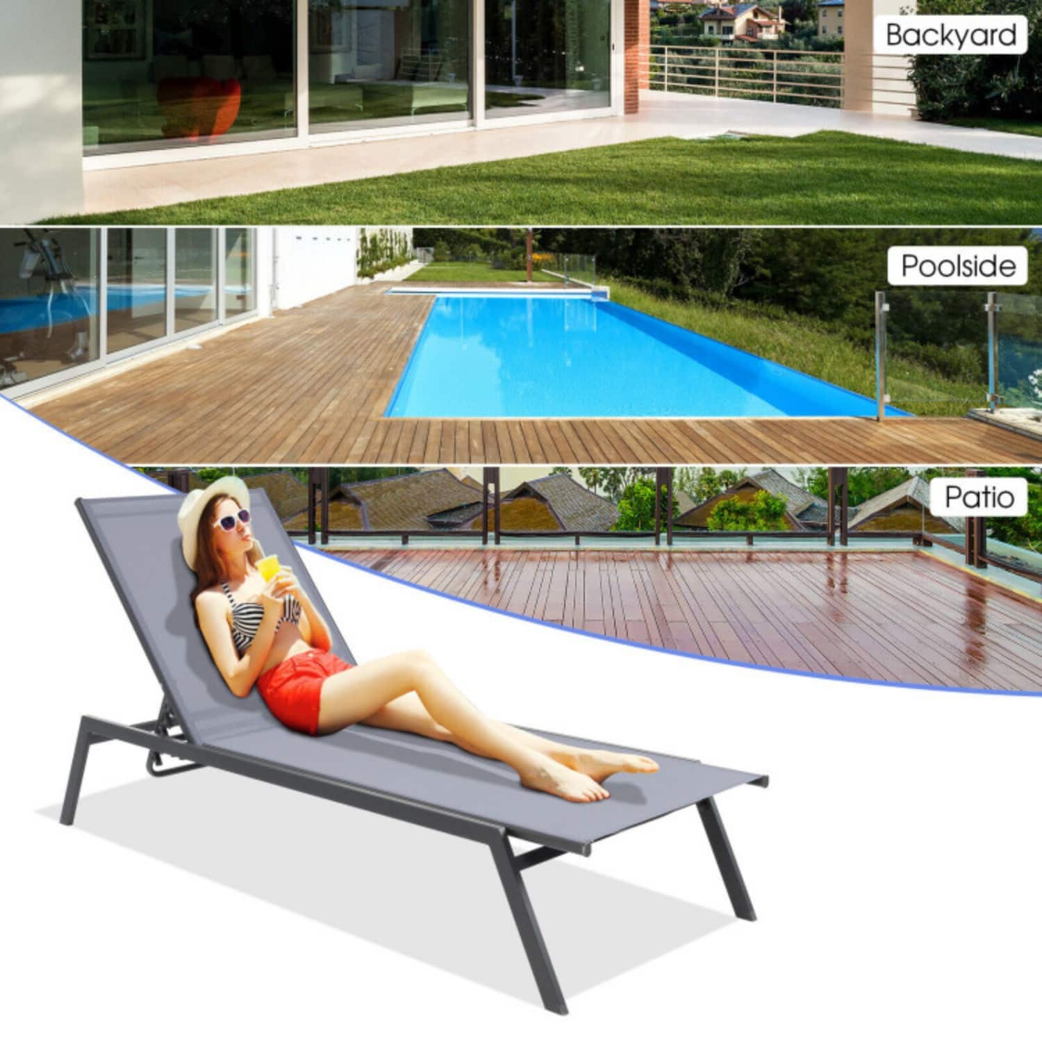 Photos - Garden Furniture Flat Mondawe - Outdoor Adjustable Chaise Lounge Chair w 6-Level Backrest & Lay  Quick-Drying Fabric - Gray MO-HYA110409 