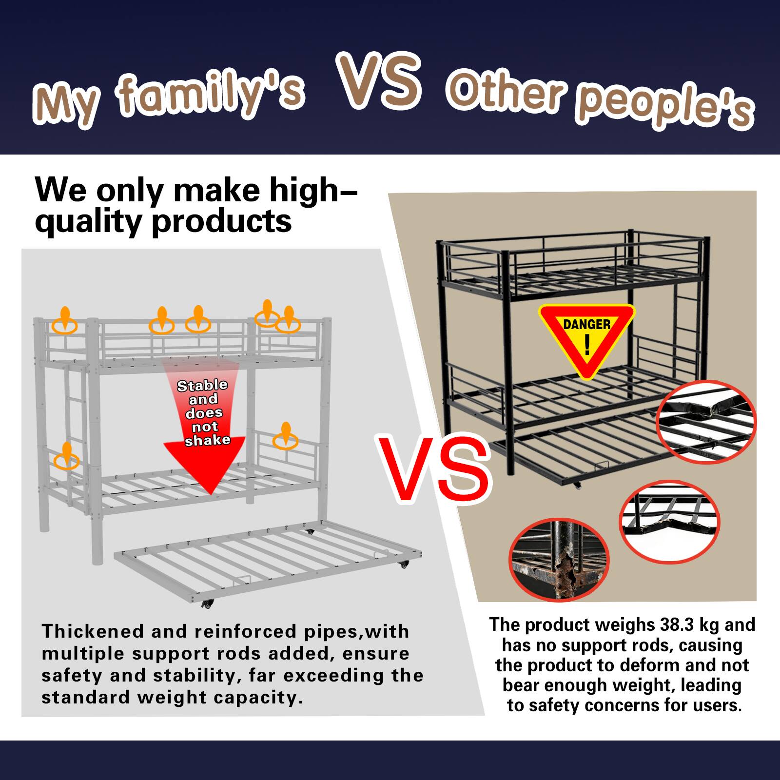 My family's VS Other people's

We only make high-quality products

Stable and does not shake

Thickened and reinforced pipes, with multiple support rods added, ensure safety and stability, far exceeding the standard weight capacity.

The product weighs 38.3 kg and has no support rods, causing the product to deform and not bear enough weight, leading to safety concerns for users.