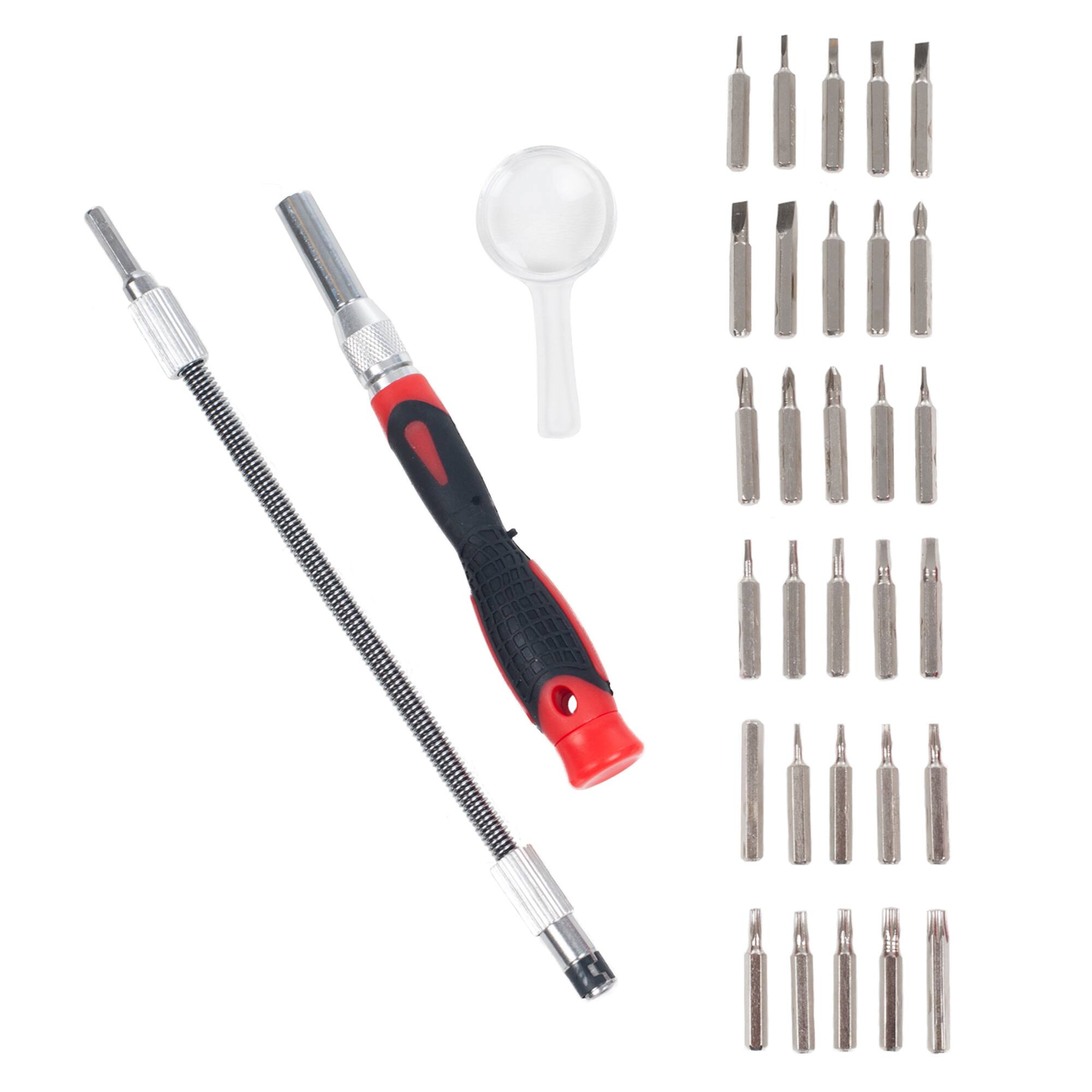 Alt View 3. Stalwart - 30PC Precision Screwdriver Set Includes Removable Flexible Shaft, Magnifying Glass, 30 Bits, and Case Home Tool Kit - Red.