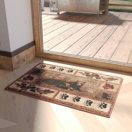Emma + Oliver - Juneau Accent Rug with Mother Bear and 2 Cubs Nature Scene and Leaf and Bear Track Detailing for Home, Cabin or RV - Brown