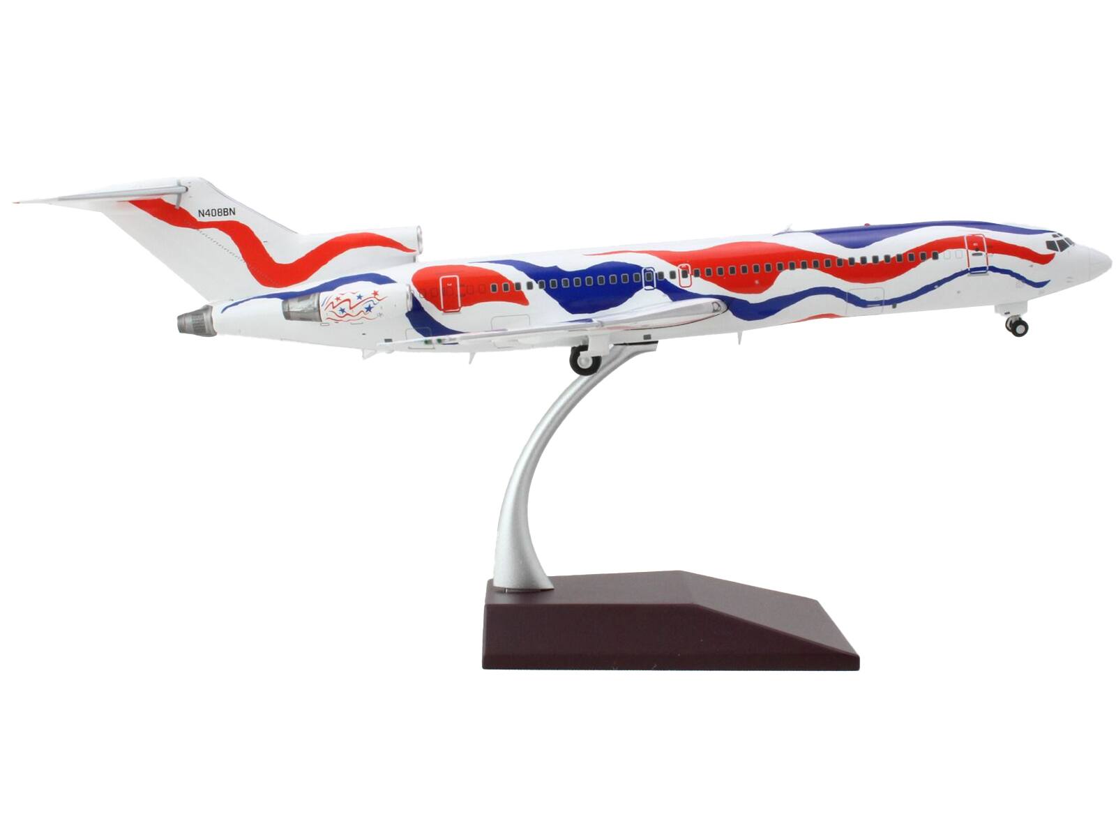 Angle. GeminiJets - Boeing 727-200 Braniff International Airways Calder Bicentennial Livery Commercial Aircraft White Red Blue Stripes 1/200 - White, Red, Blue.