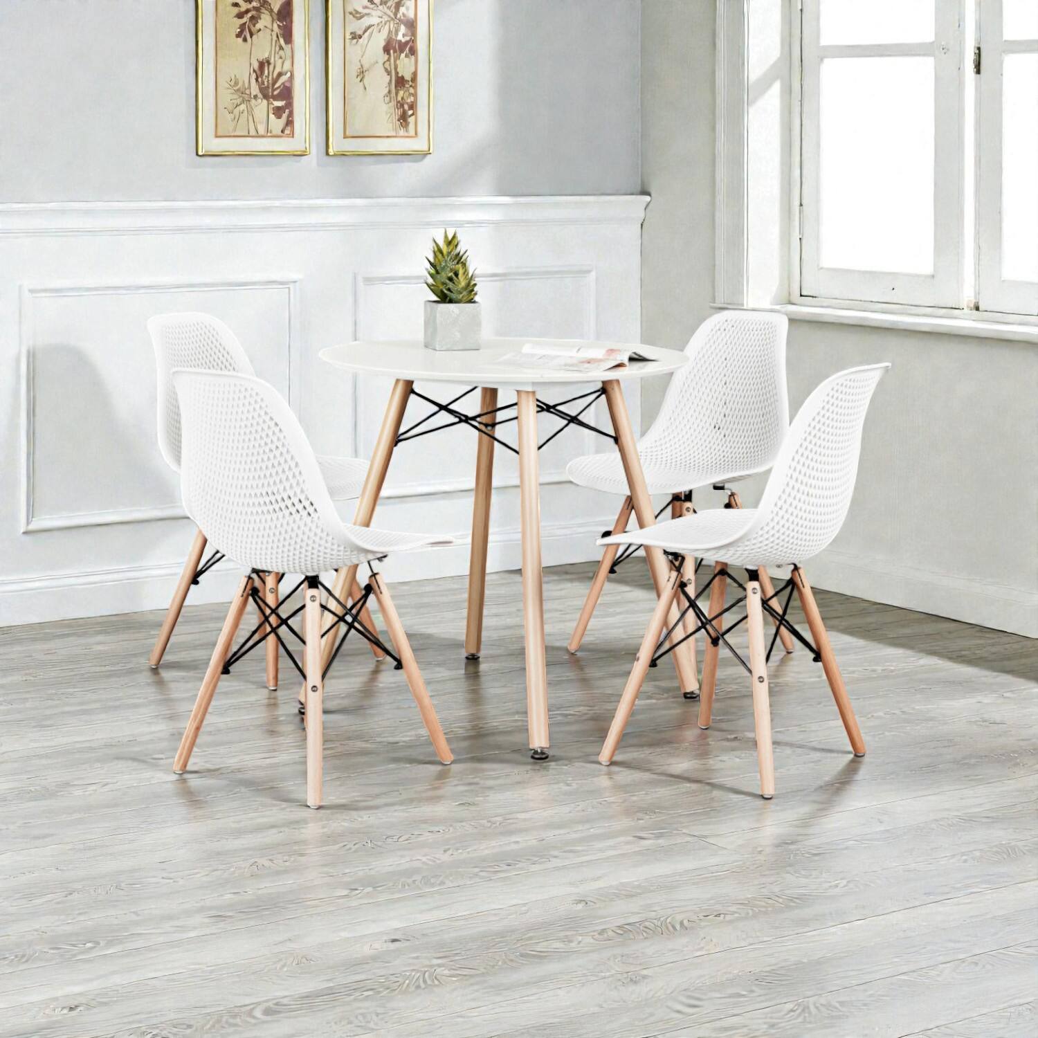 Front. Hivvago - Set of 4 Sleek Plastic Chairs with Wood-Leg Construction - White.