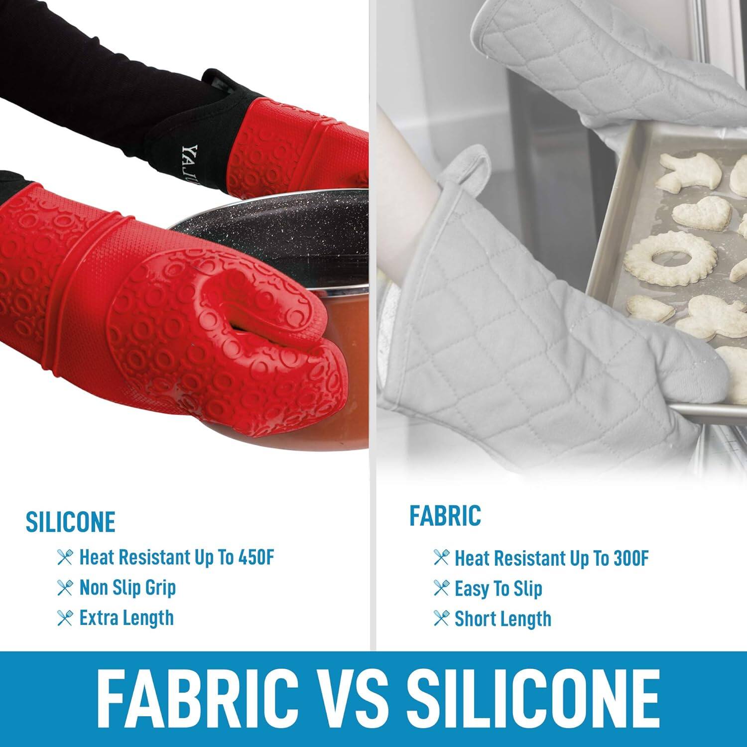 **SILICONE**  
- Heat Resistant Up To 450F  
- Non Slip Grip  
- Extra Length  

**FABRIC**  
- Heat Resistant Up To 300F  
- Easy To Slip  
- Short Length  

**FABRIC VS SILICONE**