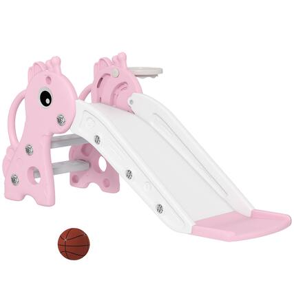 Front. Qaba - Toddler Slide for Age 1-3, Freestanding Kids Slide with Climber, Basketball Hoop and Ball.