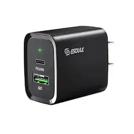 Esoulk - For iPhone 17 17e Pro Max Samsung S26 Ultra 2-Port Fast Wall Charger Adapter 20W PD USB-C + QC Quick Charge - Black