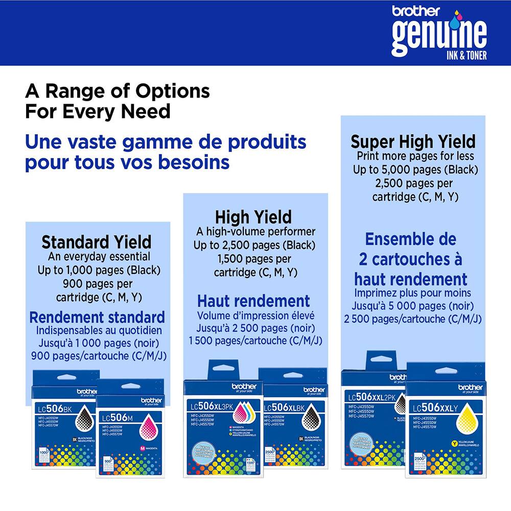 A Range of Options For Every Need  
Une vaste gamme de produits pour tous vos besoins  

High Yield  
A high-volume performer  
Up to 2,500 pages (Black)  
An everyday essential  
1,500 pages per cartridge (C, M, Y)  
900 pages per cartridge (C, M, Y)  

Standard Yield  
Up to 1,000 pages (Black)  
900 pages per cartridge (C, M, Y)  

Super High Yield  
Print more pages for less  
Up to 5,000 pages (Black)  
2,500 pages per cartridge (C, M, Y)  

Haut rendement  
Rendement standard  
Volume d'impression élevé  
Indispensables au quotidien  
Jusqu'à 2 500 pages (noir)  
Jusqu'à 1 000 pages (noir)  
1 500 pages/cartouche (C/M/J)  
900 pages/cartouche (C/M/J)  

Ensemble de 2 cartouches à haut rendement  
Imprimez plus pour moins  
Jusqu'à 5 0