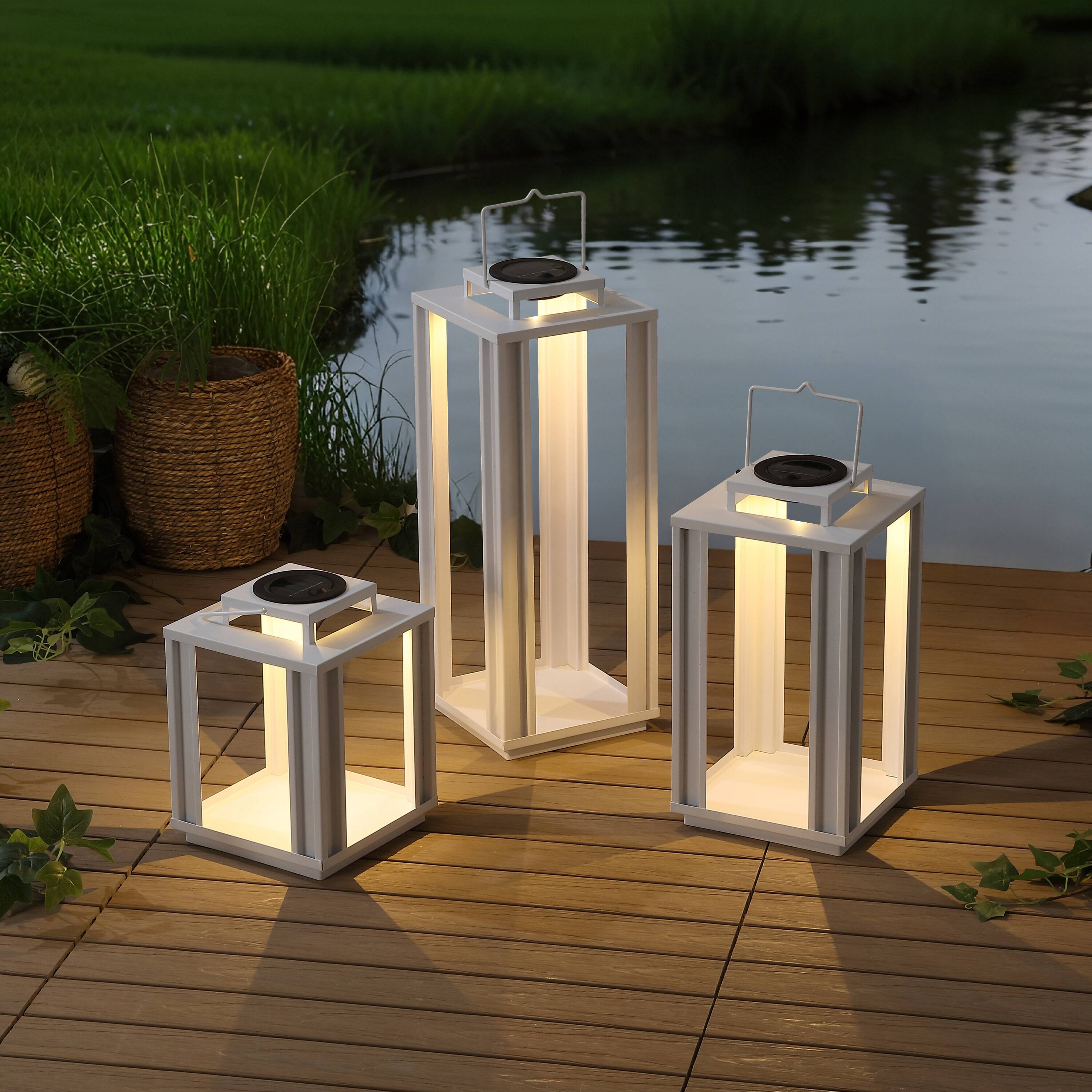 Alt View 8. Jonathan Y - Leland Modern Industrial Integrated Indoor/Outdoor LED Solar Powered Lanterns, White (Set of 3) - White.