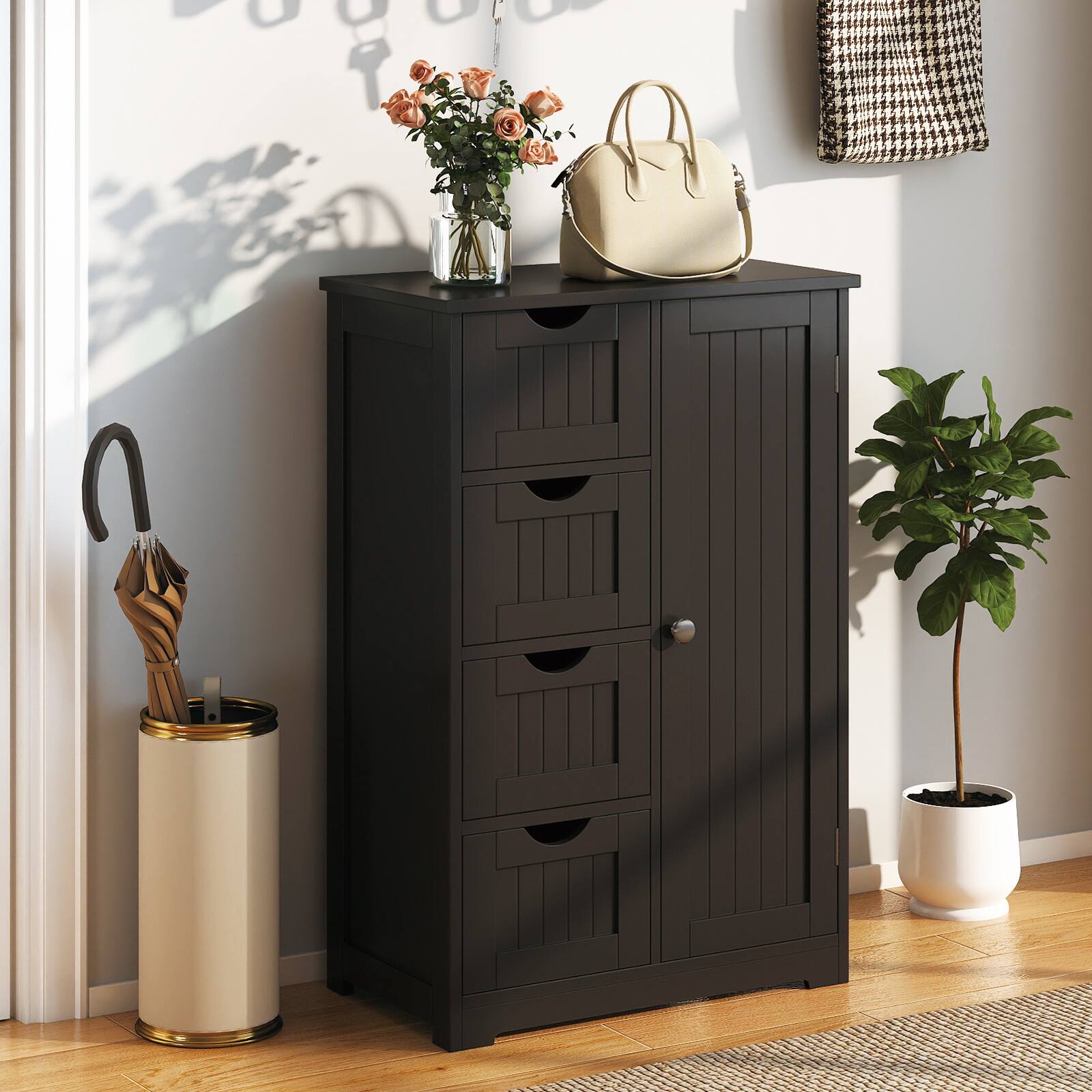Alt View 4. Gymax - Gymax Bathroom Cabinet Floor Standing Storage Cabinet w/ 4 Drawers - Black.