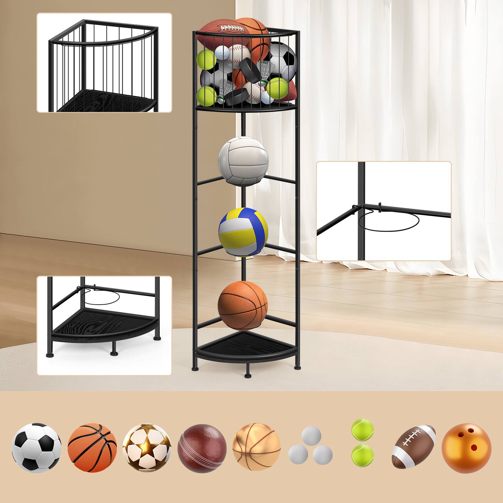 Left. Oumilen - 3-Tier Corner Sports Ball Storage Rack, Black Metal Vertical Basketball Soccer Volleyball Organizer - Black.