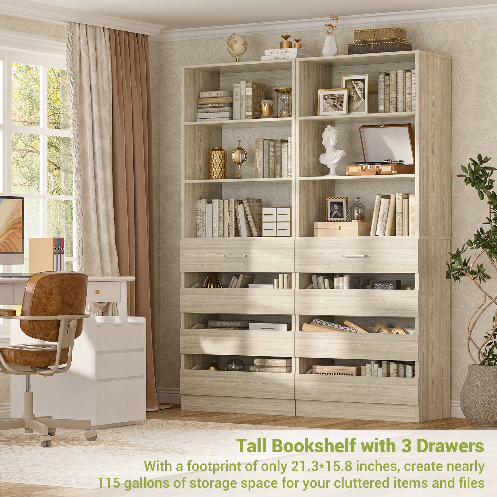 Tall Bookshelf with 3 Drawers

With a footprint of only 21.3*15.8 inches, create nearly 115 gallons of storage space for your cluttered items and files