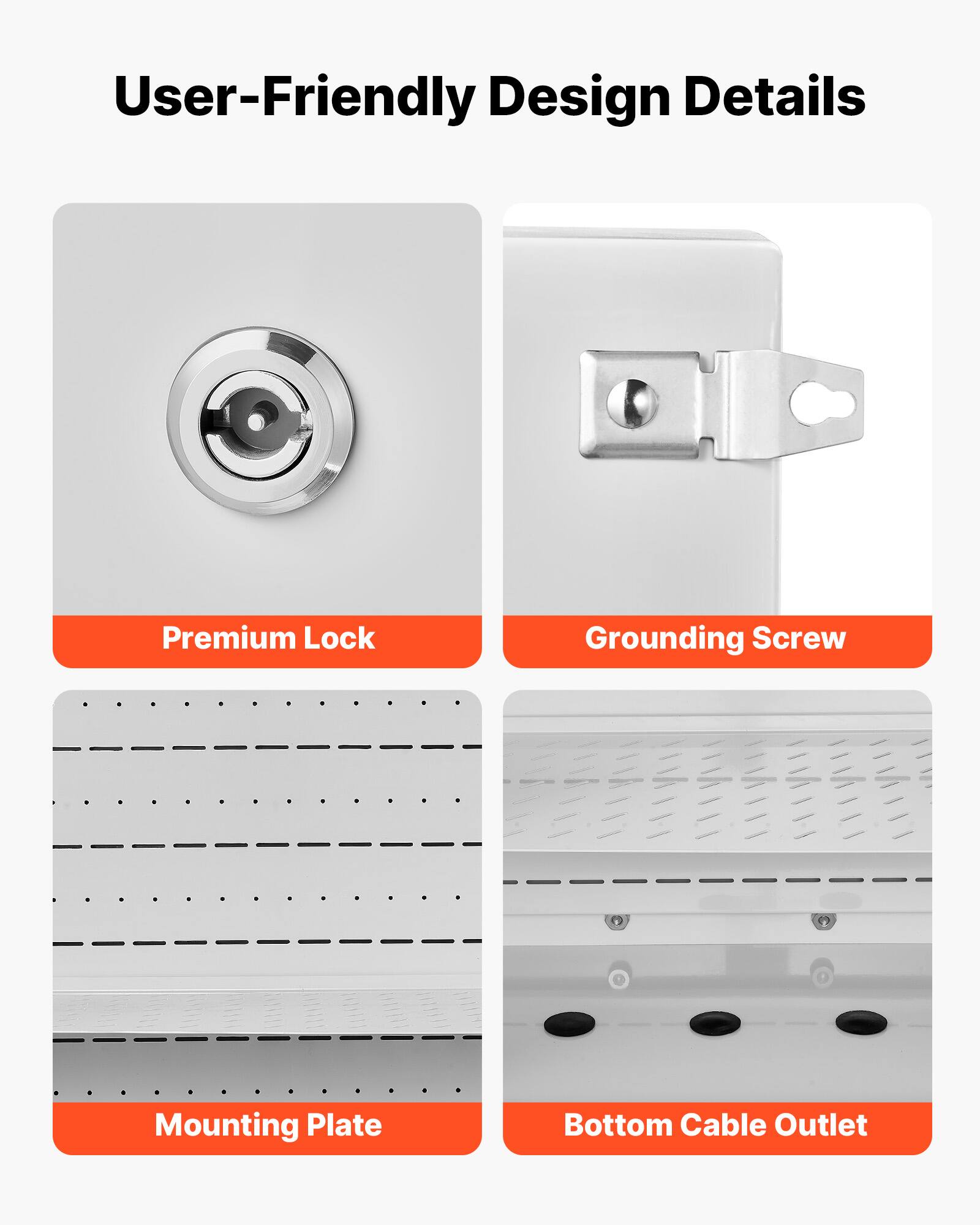 User-Friendly Design Details

- Premium Lock
- Grounding Screw
- Mounting Plate
- Bottom Cable Outlet