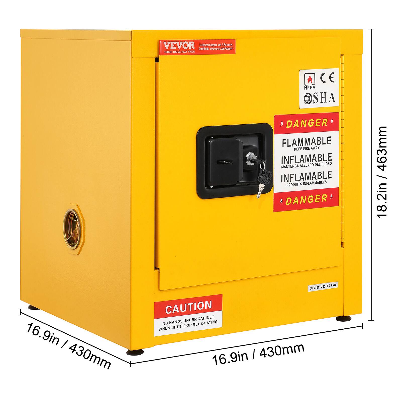 VEVOR  
TOOLBOX, HALF PRICE  

DANGER  
FLAMMABLE  
KEEP FIRE AWAY  
INFLAMABLE  
MANTÉNGA ALEJADO DEL FUEGO  
INFLAMABLE  
PRODUITS INFLAMMABLES  
DANGER  

CAUTION  
NO HANDS UNDER CABINET WHEN LIFTING OR RELOCATING  

CE  
NFPA  
OSHA  

18.2in / 463mm  
16.9in / 430mm  
16.9in / 430mm