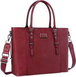 mosiso - Waterproof PU Leather Laptop Bag for Women 17.3 Inch, Vintage Briefcase Shoulder Tote Computer Bag for Work & Office - Wine Red