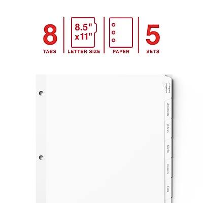8 Tabs  
8.5" x 11" Letter Size Paper  
5 Sets