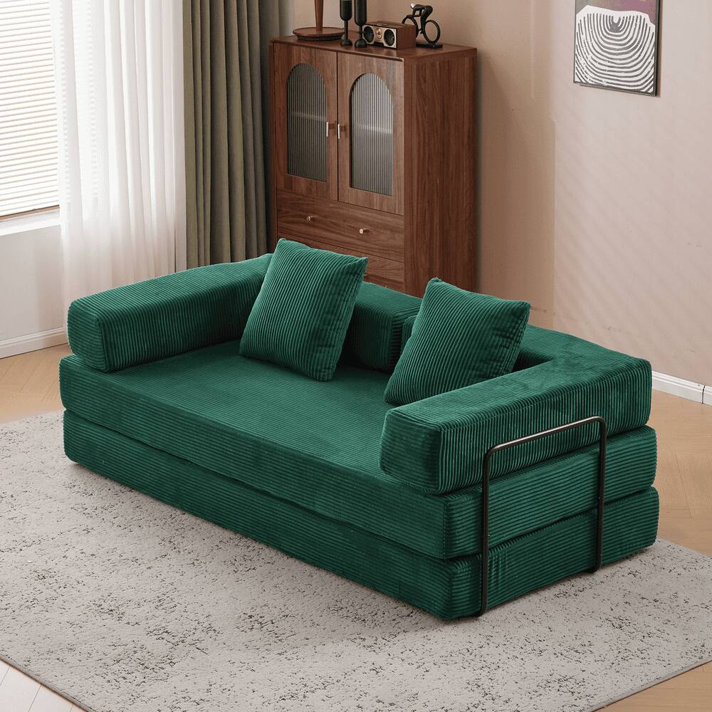 Alt View 6. Kadyn - Floor Couch Bed, Convertible Corduroy Fabric Sofa with Pillow Back Support, Compression Lounge Sleeper, Dark Green - Green.