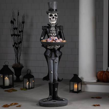Front. Northlight - Skeleton Butler with Tray Standing Halloween Statue - 4.5' - Black.